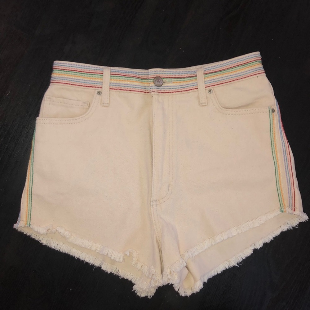 rainbow striped denim shorts